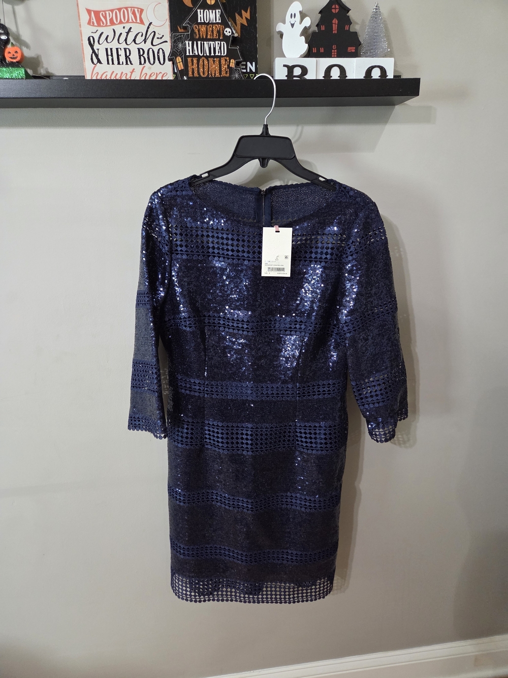 Alex Marie Navy Blue Sequin Long Sleeve Sheath Dress